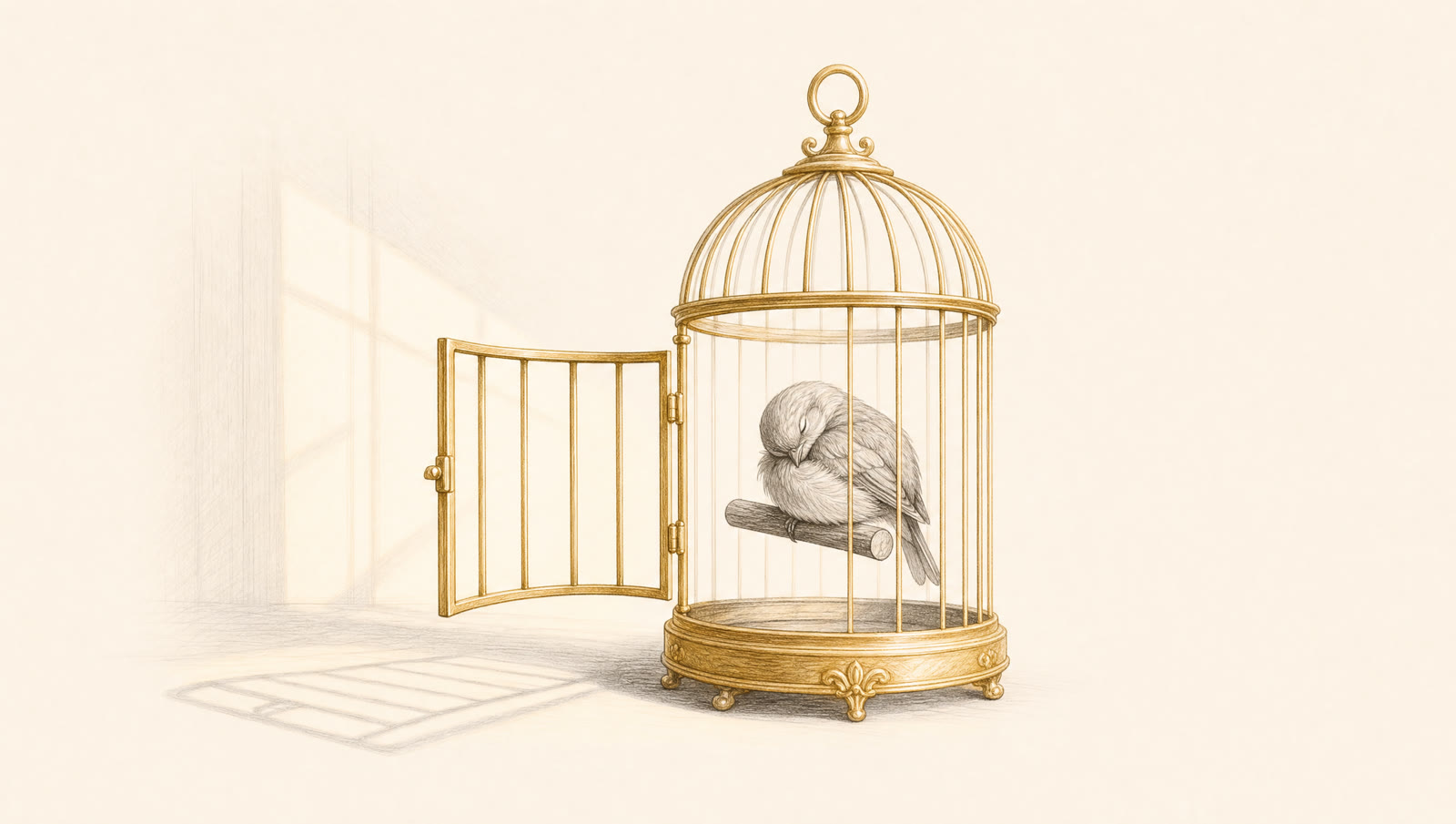 A bird asleep on its perch inside a golden cage whose door stands wide open
