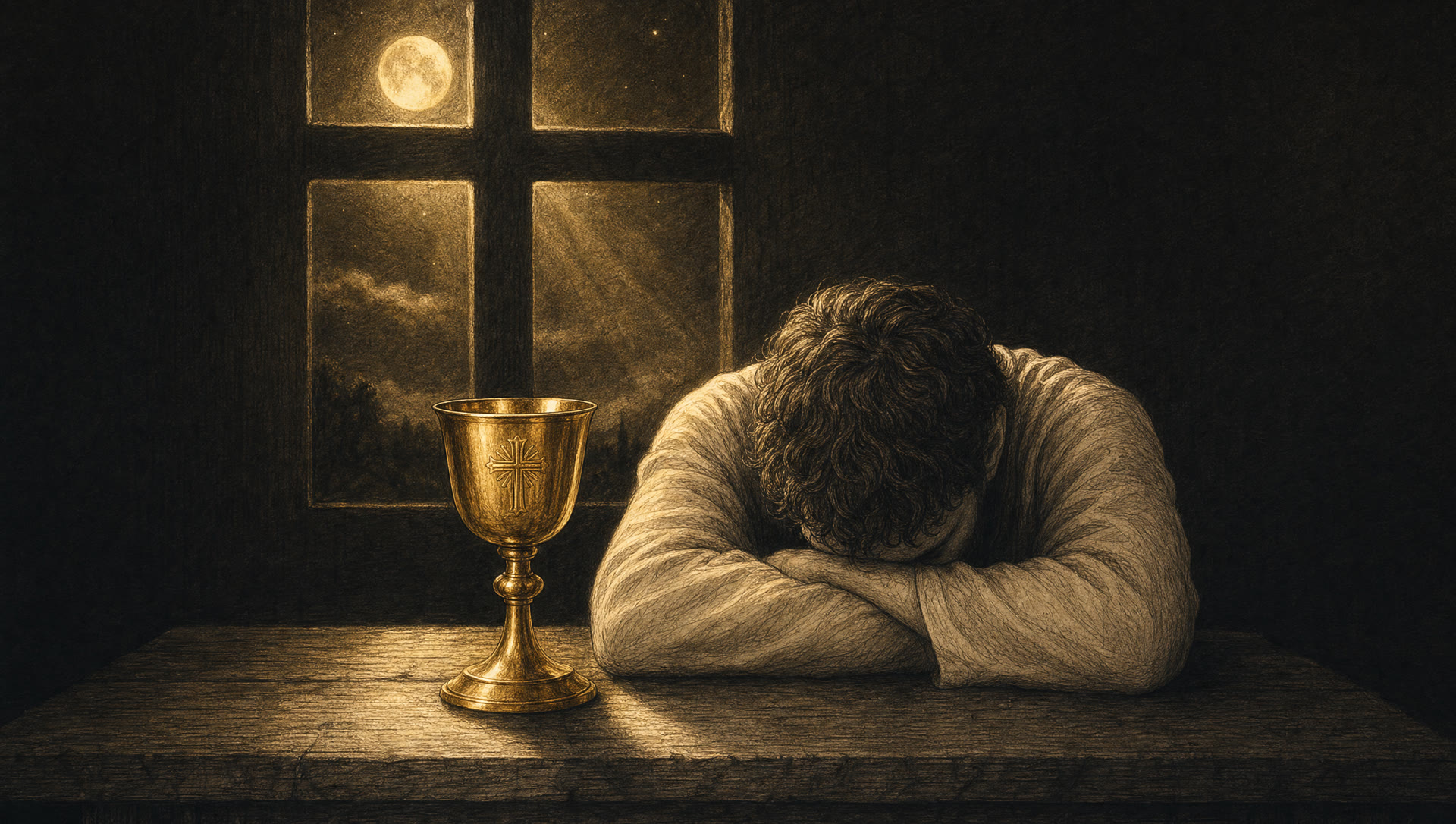 A man asleep at a wooden table beside a golden chalice, moonlight falling through a cross-shaped window