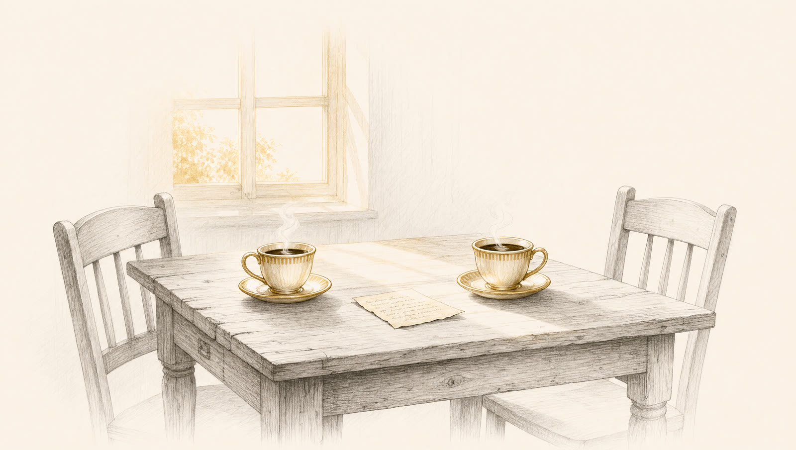 A kitchen table with two steaming cups in warm evening light