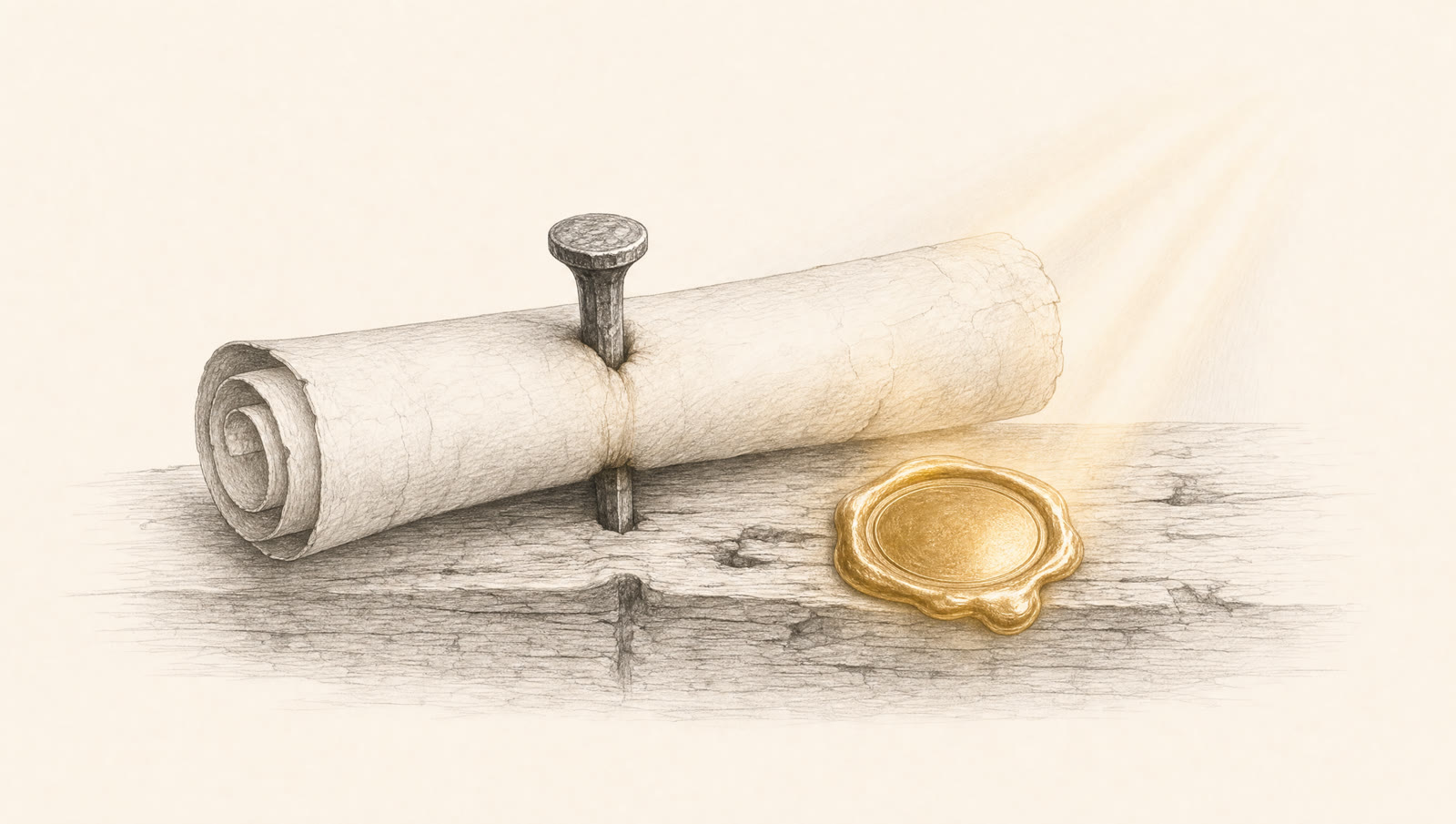 A parchment scroll nailed to weathered wood, a golden seal glowing beside it